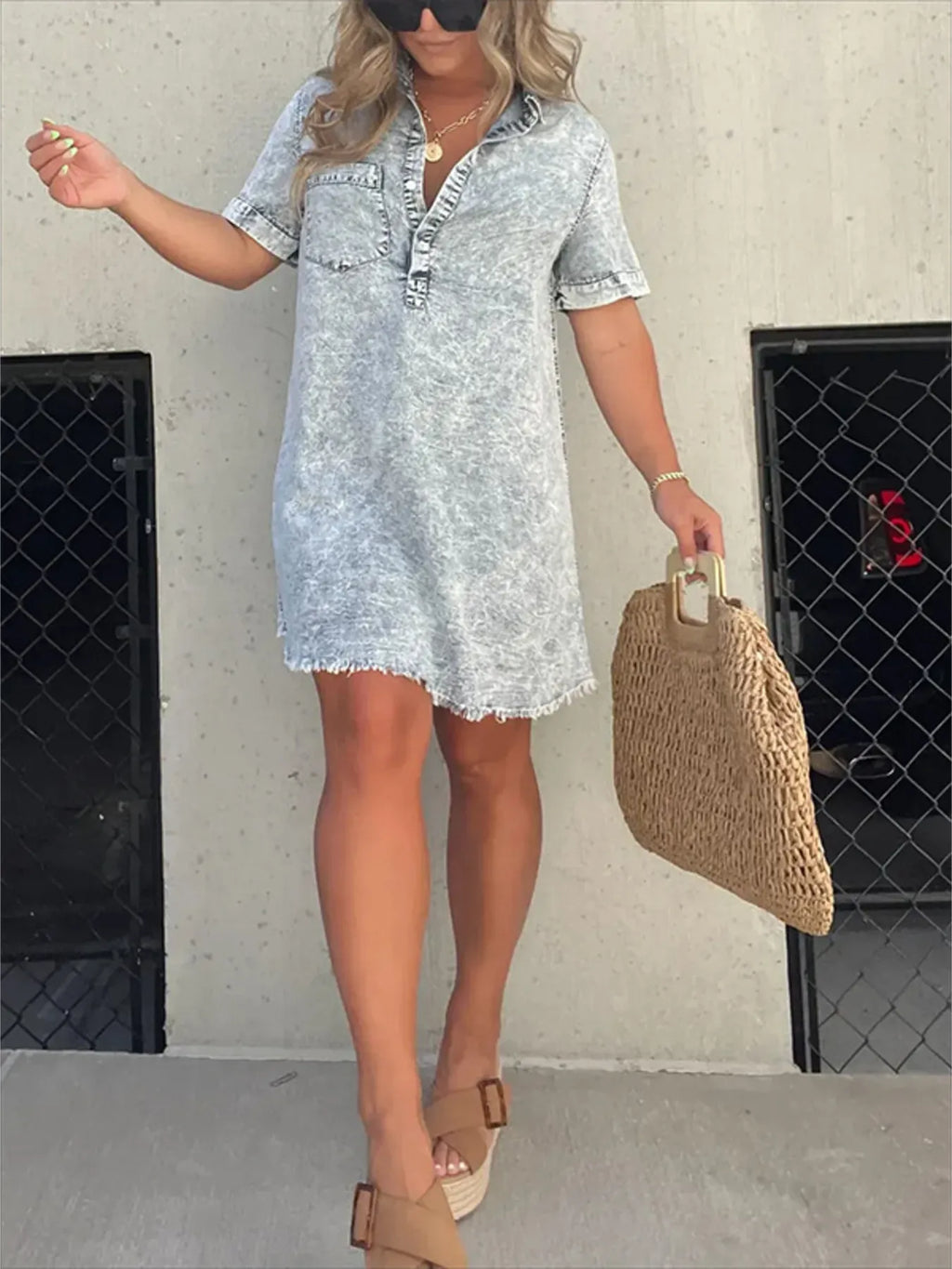 Full Size Raw Hem Short Sleeve Denim Dress Plus Size - Draped in Grace