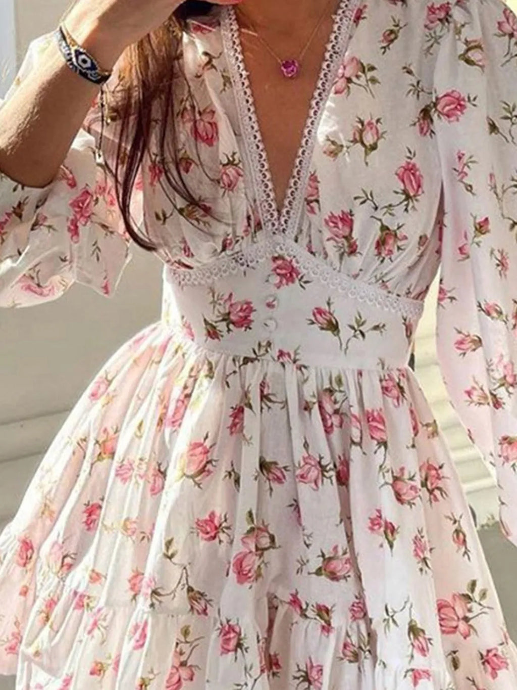 Lace Detail V-Neck Balloon Sleeve Dress - Draped in Grace