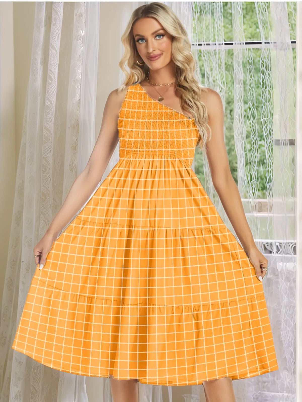 One-Shoulder Tiered Midi Dress with Smocked Bodice - Draped in Grace