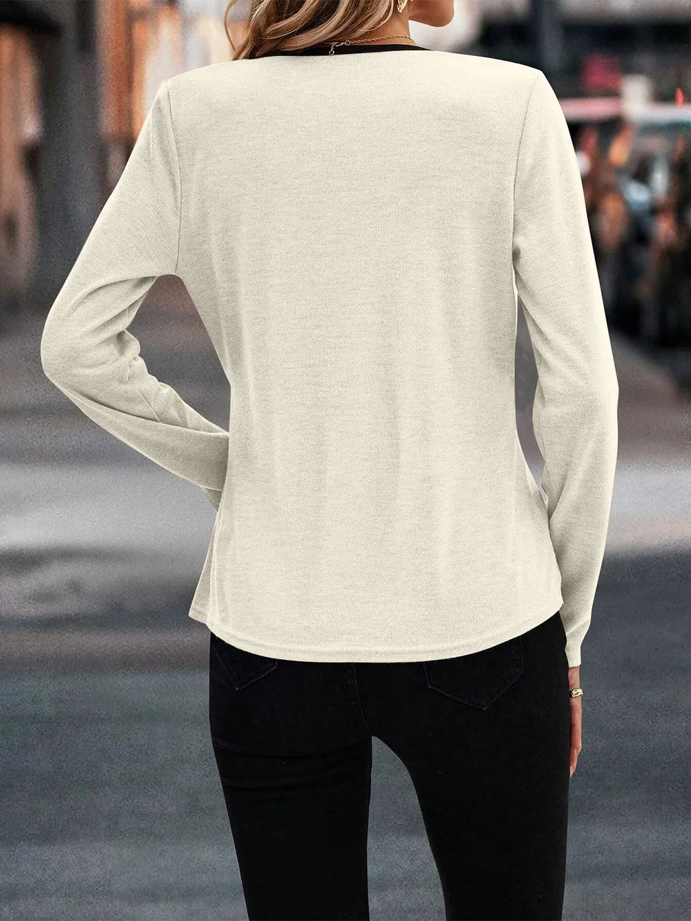 Full Size Crisscross Contrast Trim Long Sleeve T-Shirt - Draped in Grace