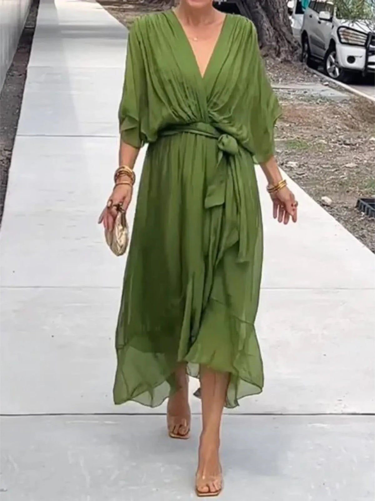 Full Size Flowy Tie Front Midi Dress with Flutter Sleeves Plus Size - Draped in Grace