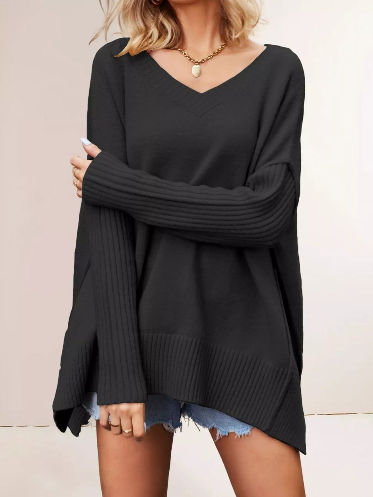 V-Neck Ribbed Sleeve Sweater - Draped in Grace