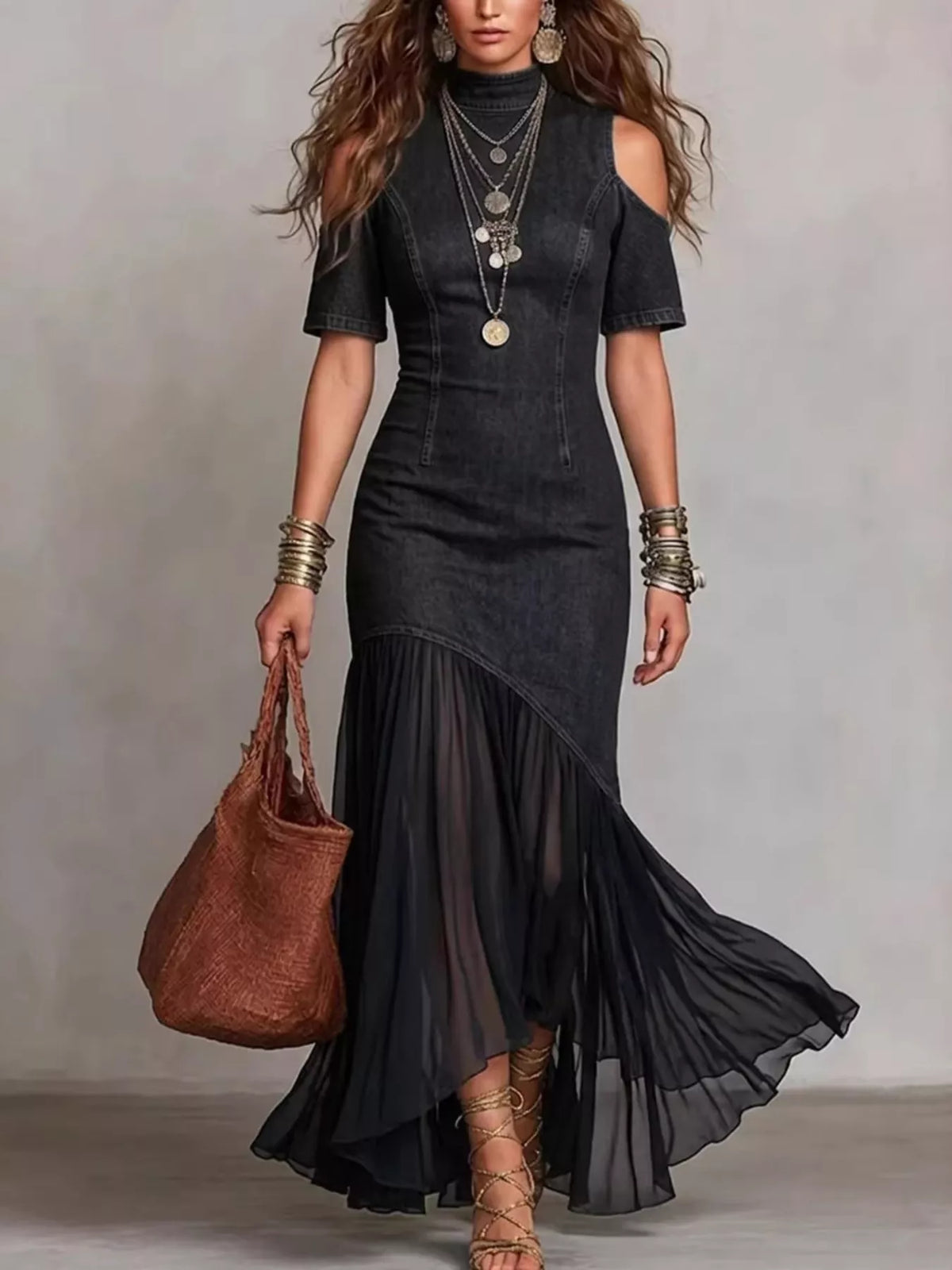 Cold Shoulder Ruffle Hem Maxi Dress - Draped in Grace