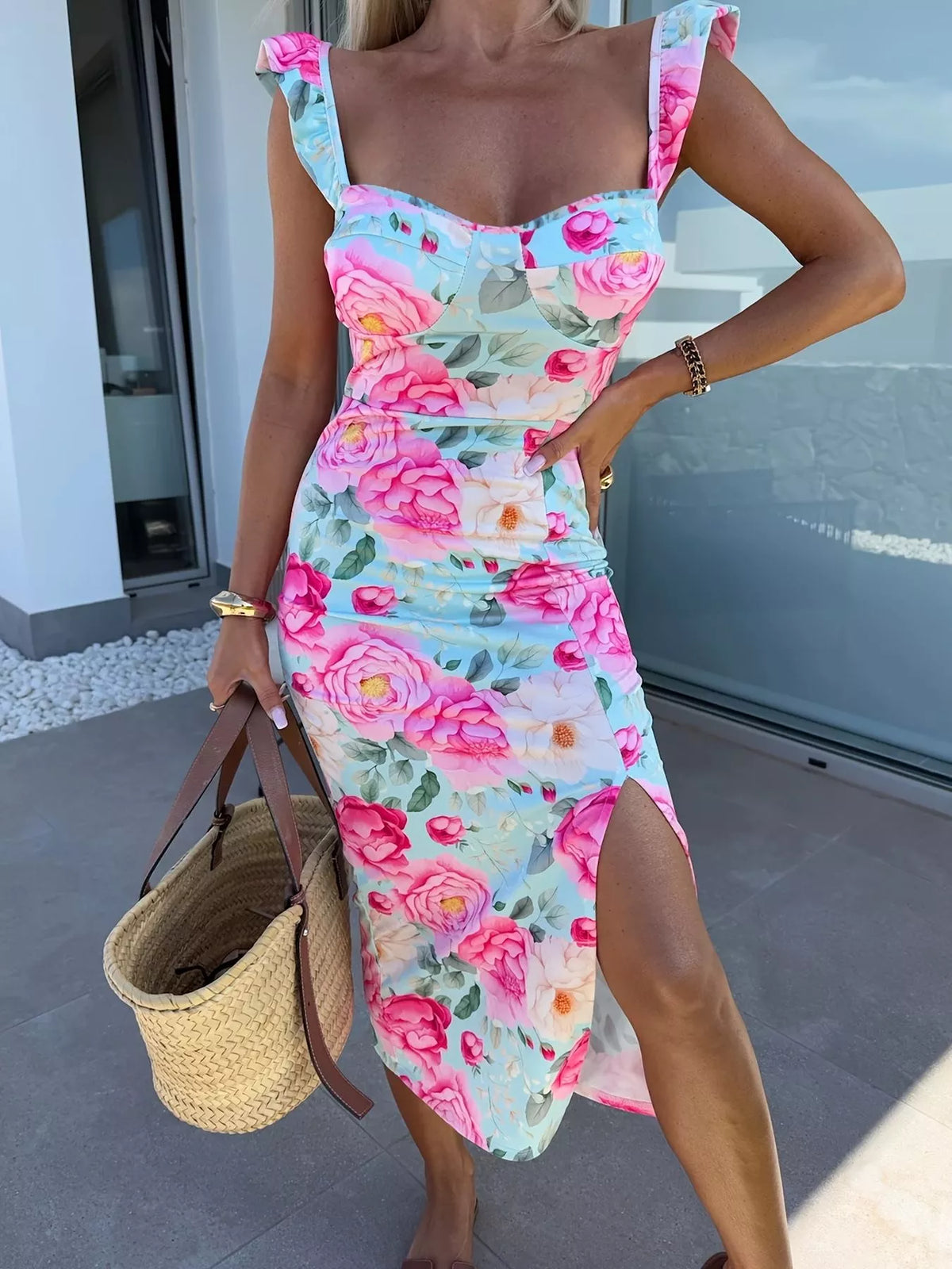 Slit Sweetheart Neck Midi Dress - Draped in Grace