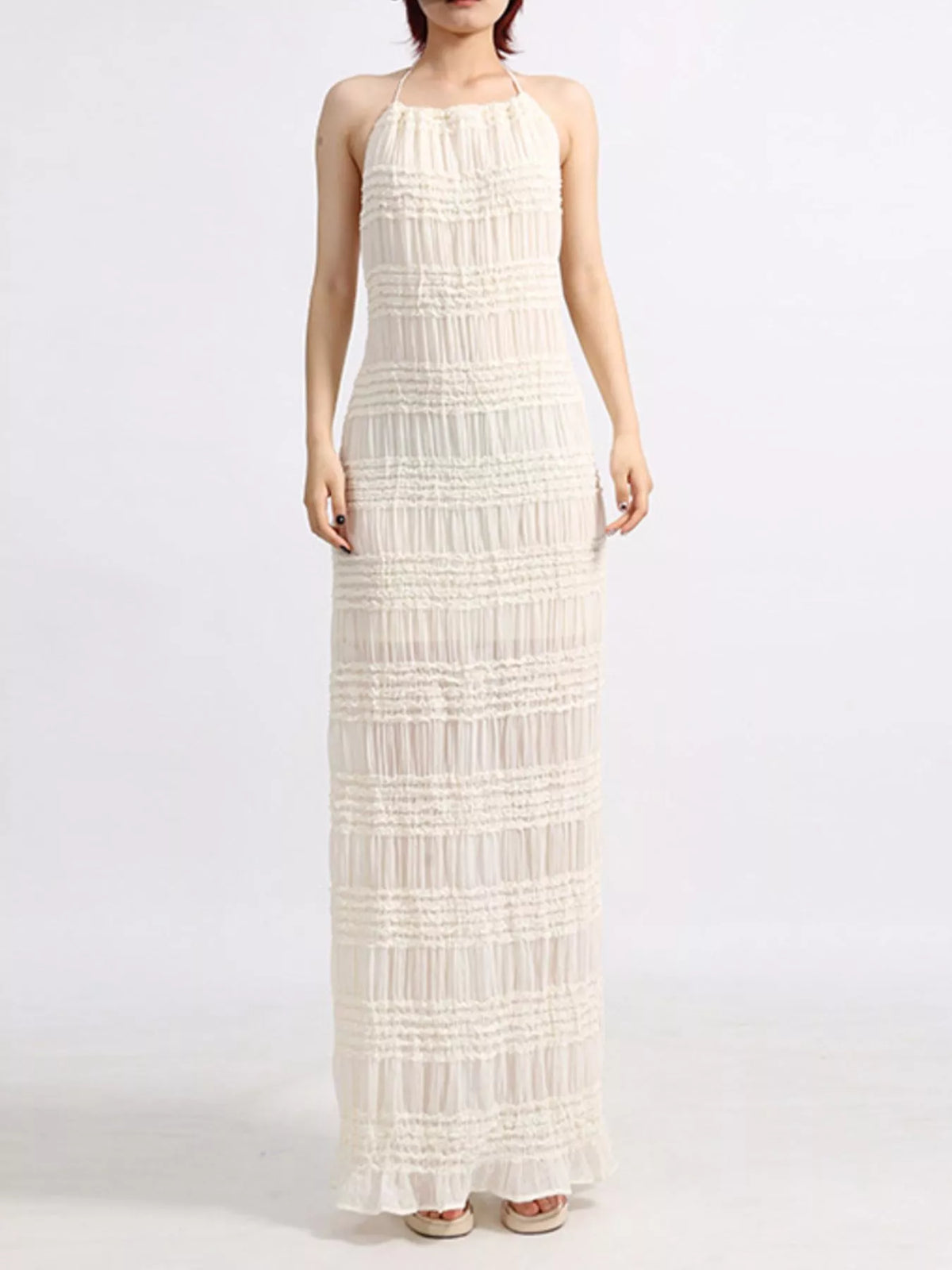 Backless Halter Neck Ruched Maxi Dress - Draped in Grace