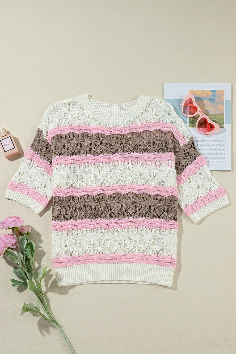 Color Block Openwork Half Sleeve Sweater - Draped in Grace
