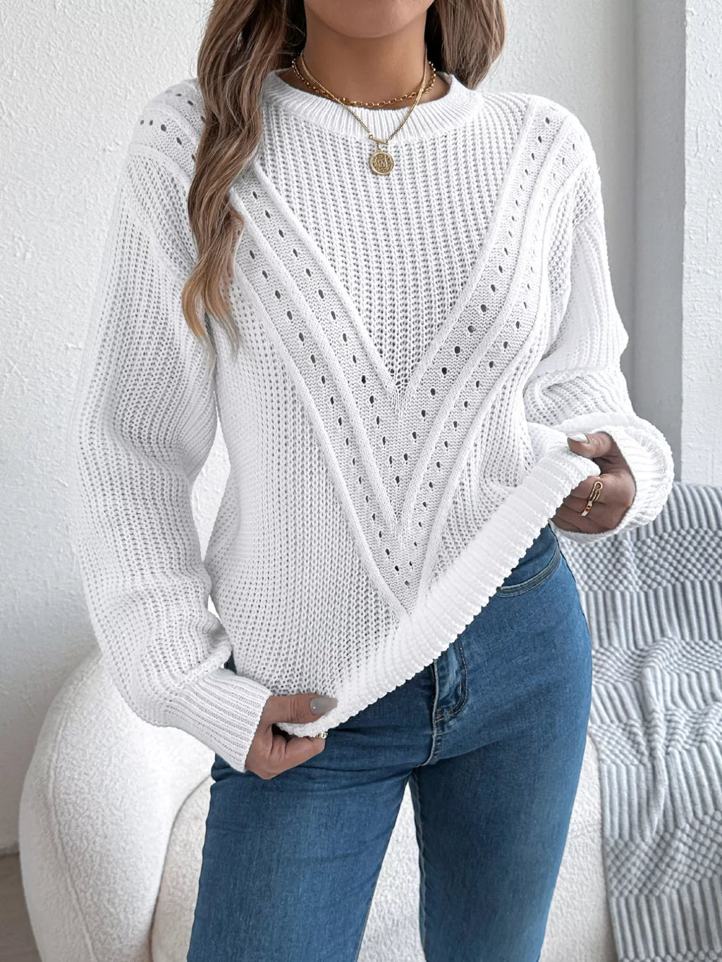Openwork Round Neck Sweater - Draped in Grace