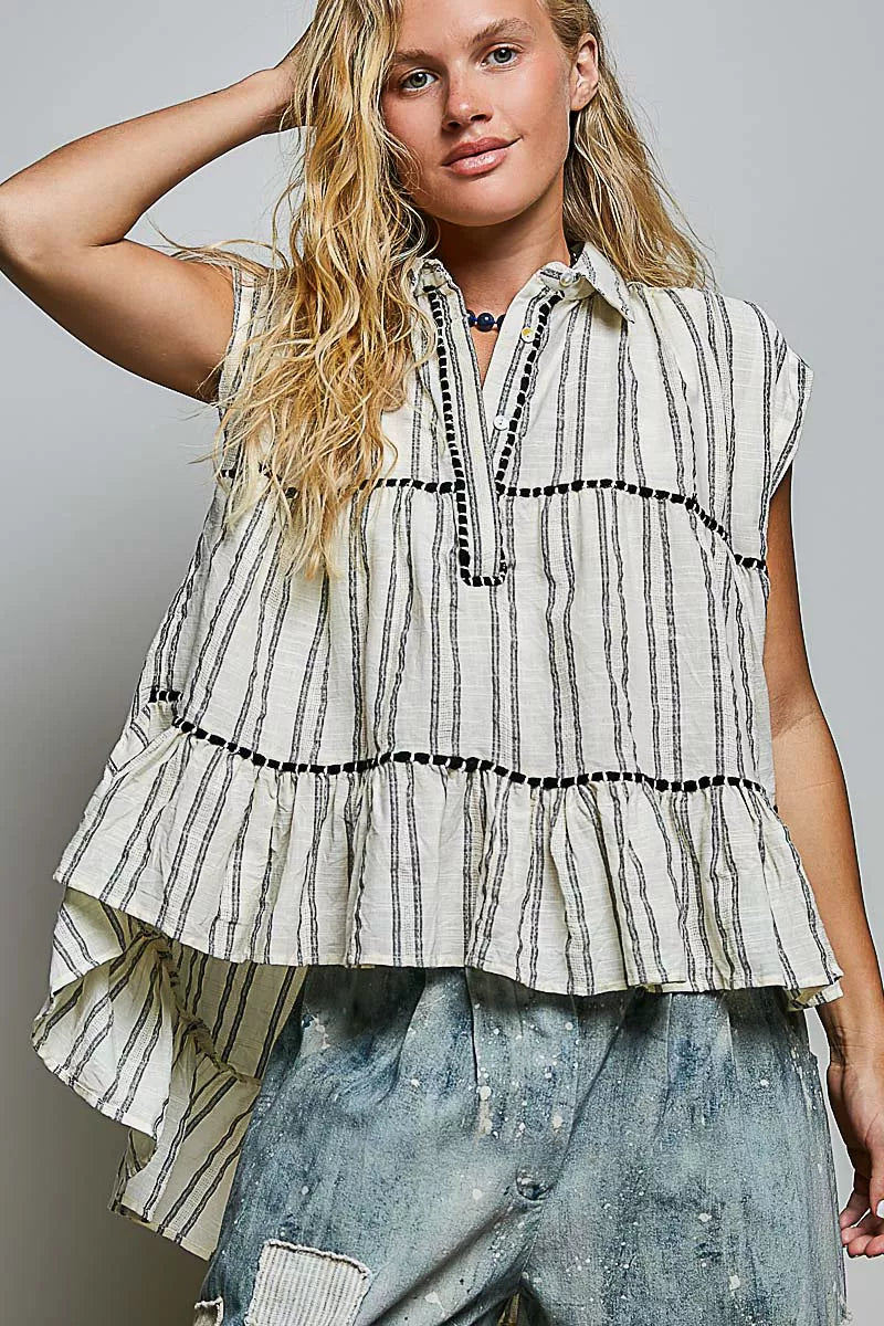 POL Striped Ruffle Collared Sleeveless Cotton Top - Draped in Grace