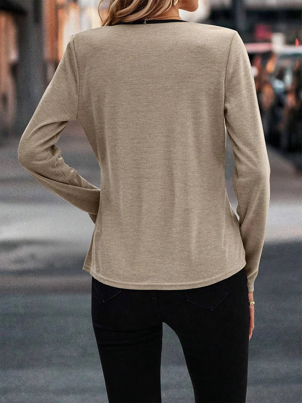 Full Size Crisscross Contrast Trim Long Sleeve T-Shirt - Draped in Grace