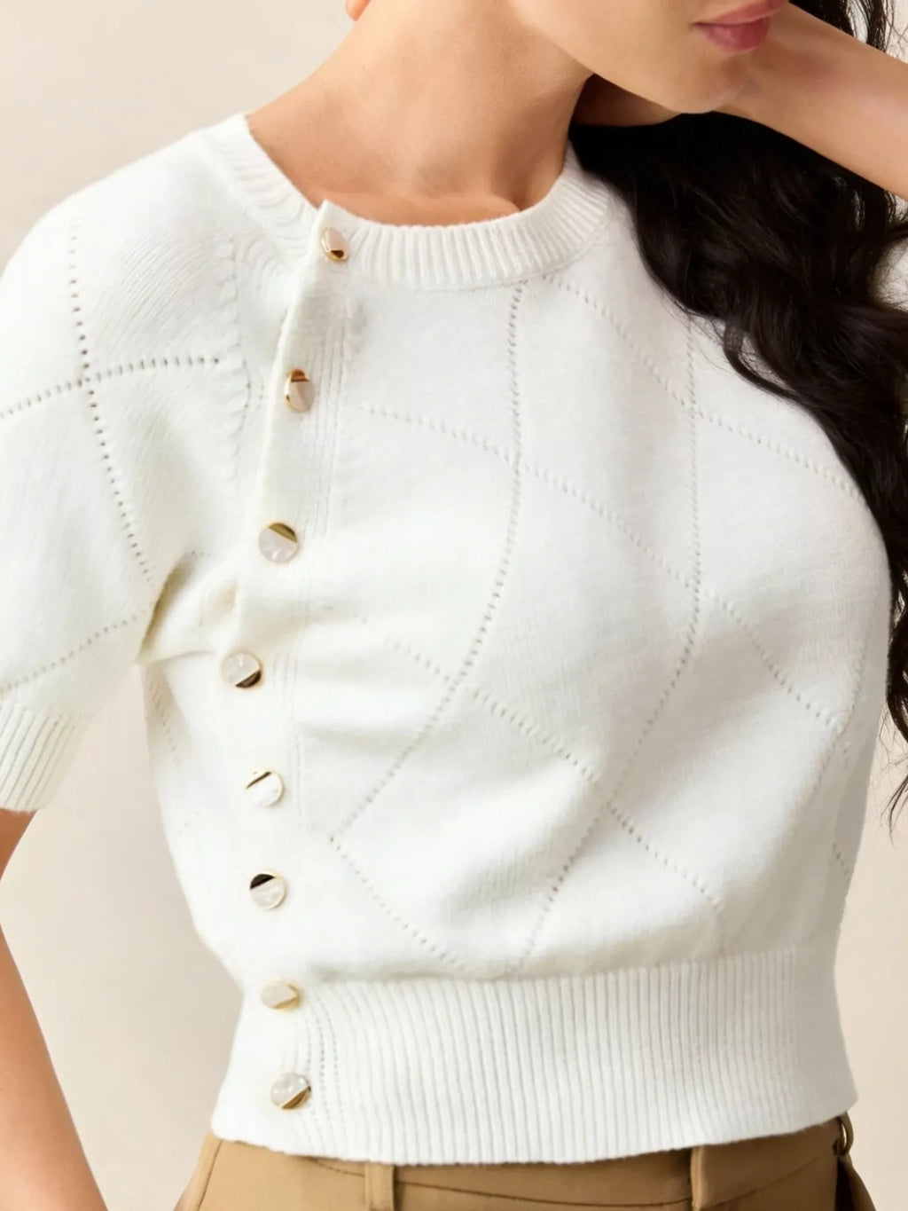 Diamond Pattern Short Sleeve Sweater - Draped in Grace