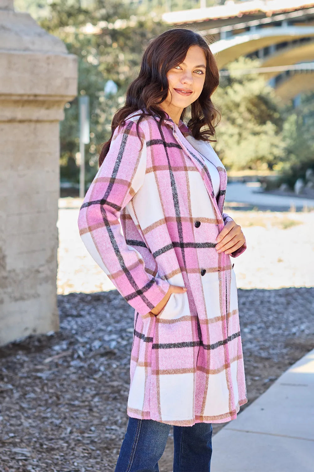 Double Take Full Size Plaid Button Up Lapel Collar Coat - Draped in Grace