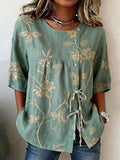 Full Size Embroidered Floral Tie Front Shirt Plus Size - Draped in Grace