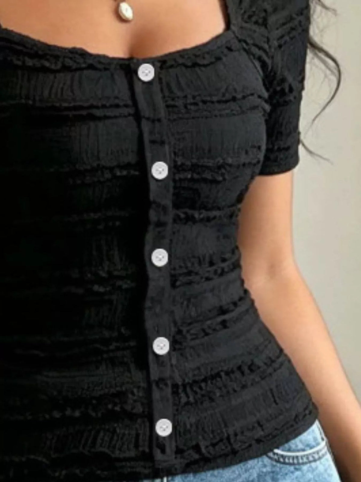 Frill Square Neck Short Sleeve Top - Draped in Grace