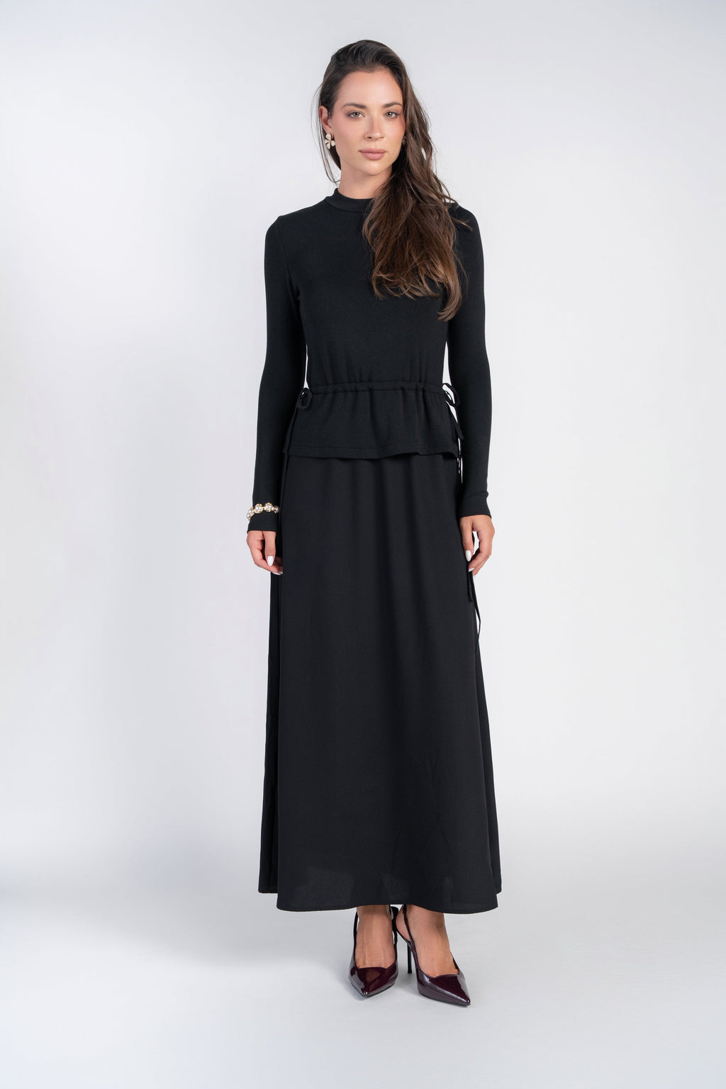 Mix Media Dress with Side Pulls- Black