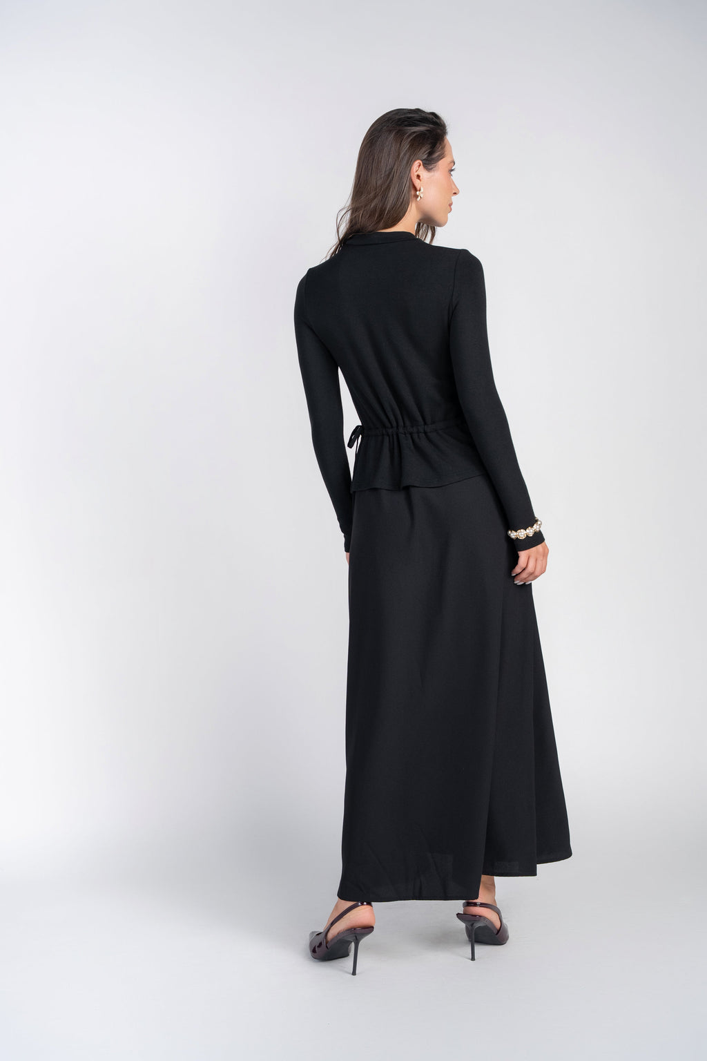 Mix Media Dress with Side Pulls- Black