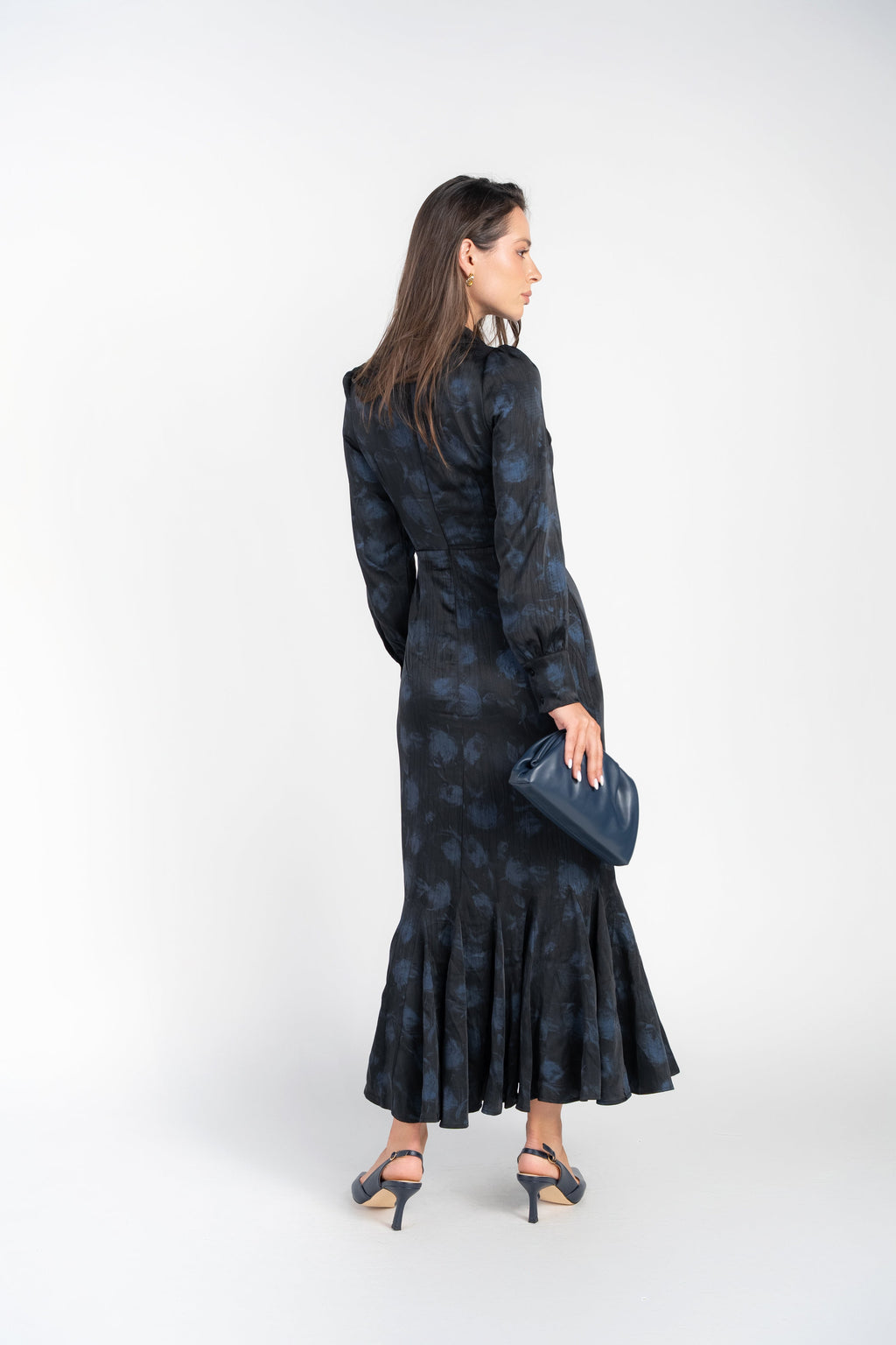 Bianca Dress- Navy Blur Roses on Black