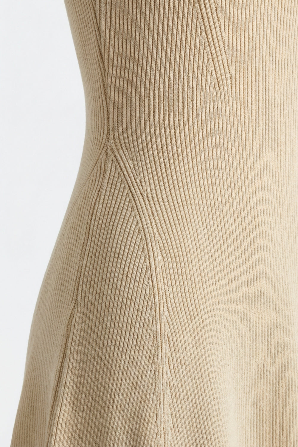 Beige Sleeveless Ribbed Knit Fit-and-Flare Dress