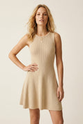Beige Sleeveless Ribbed Knit Fit-and-Flare Dress