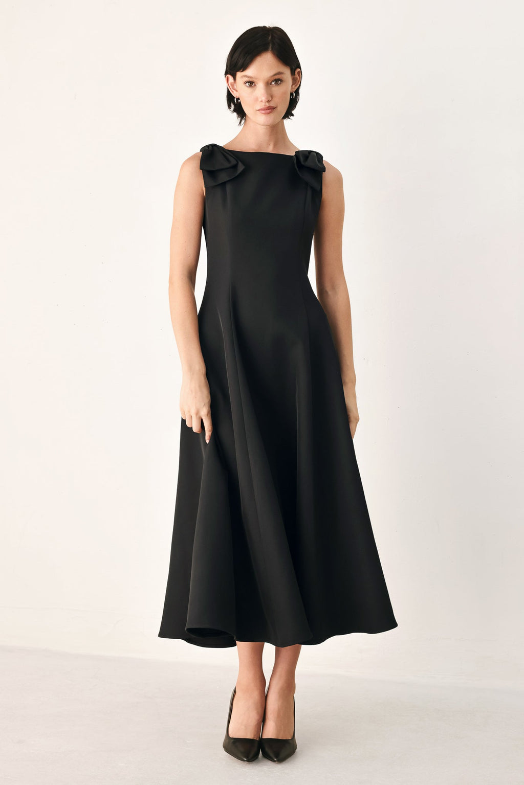 TIED TO TONIGHT BOW SHOULDER MIDI DRESS