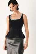 MIDNIGHT GLAM JEWELED VELVET PEPLUM TOP