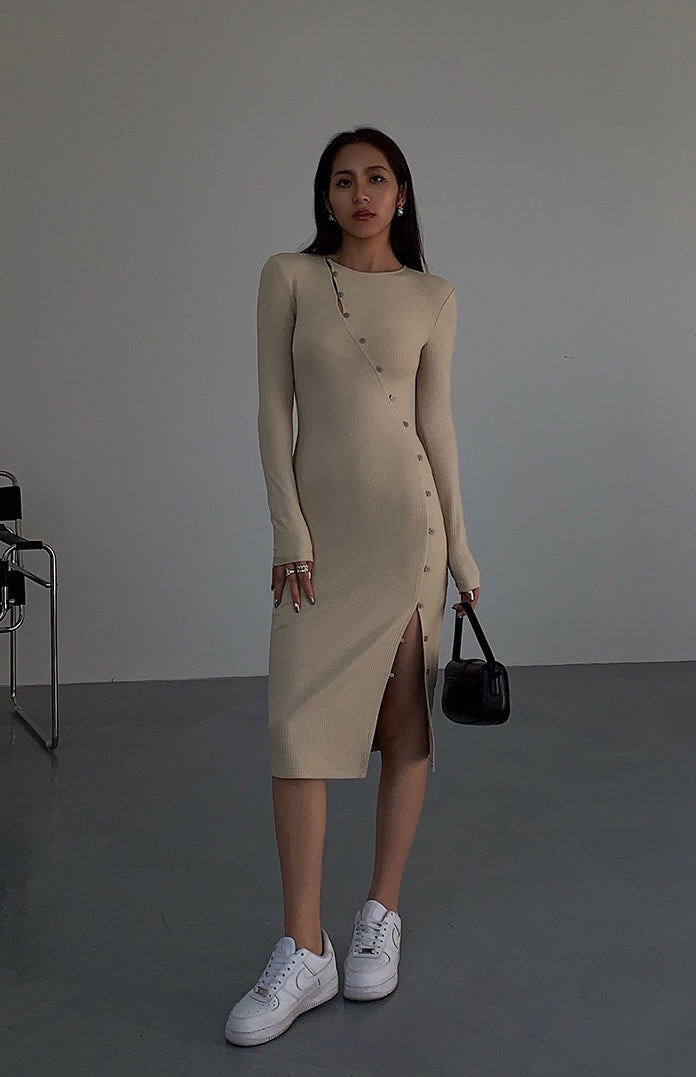 Curved Button Down Knit Dress