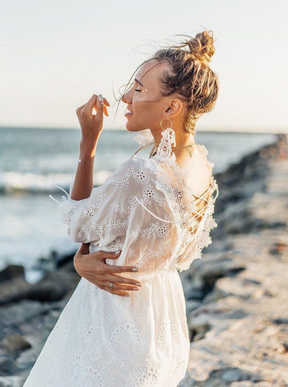 Lola White Lace High Collared Dress