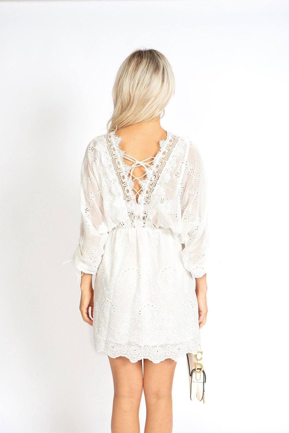 Lola White Lace High Collared Dress