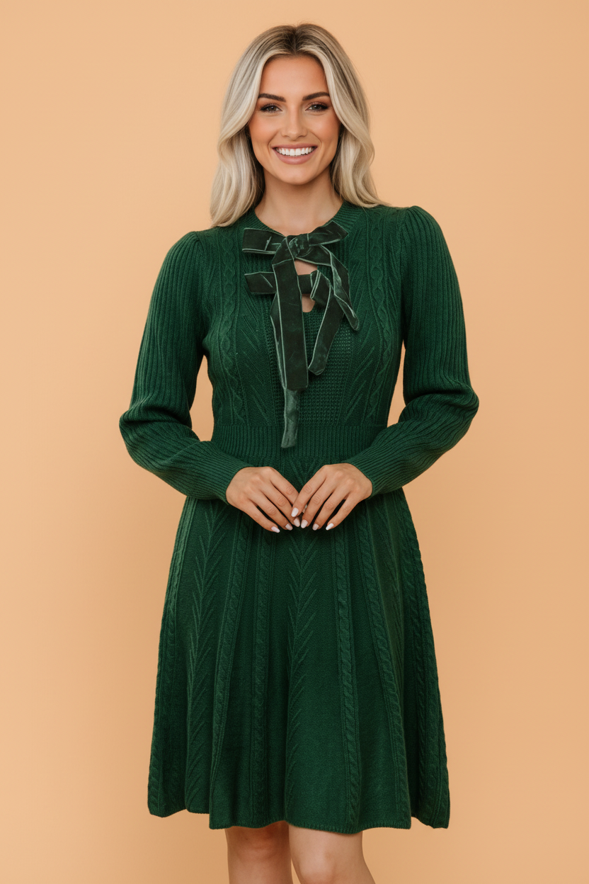 Blackish Green Cable-Knit Mini Dress with Velvet Bow