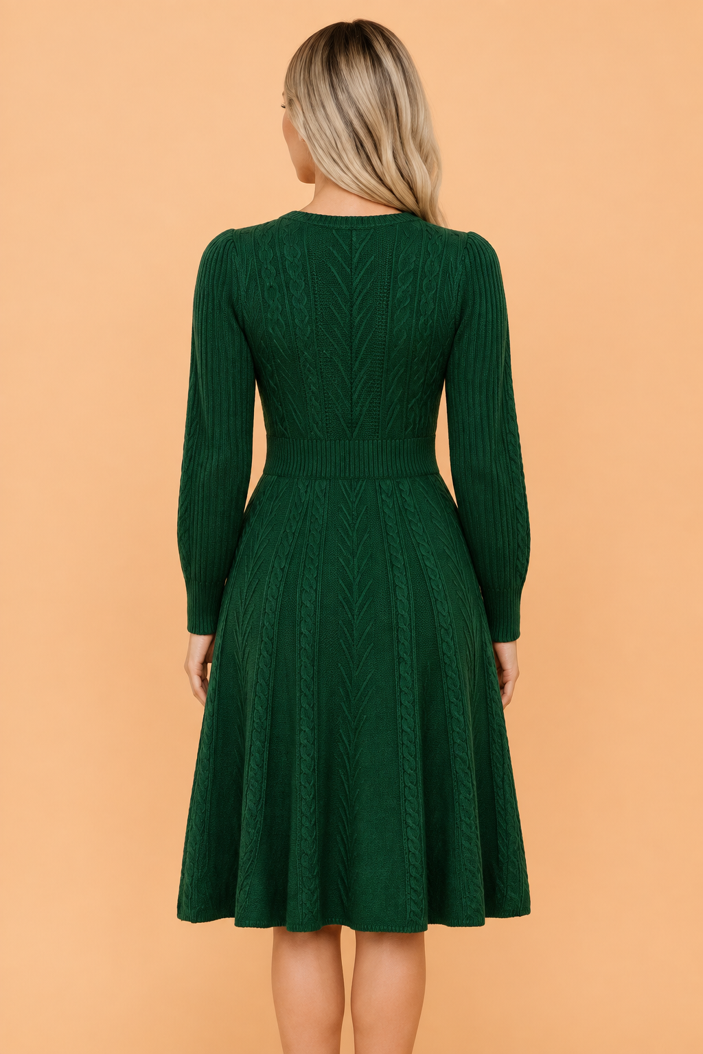 Blackish Green Cable-Knit Mini Dress with Velvet Bow