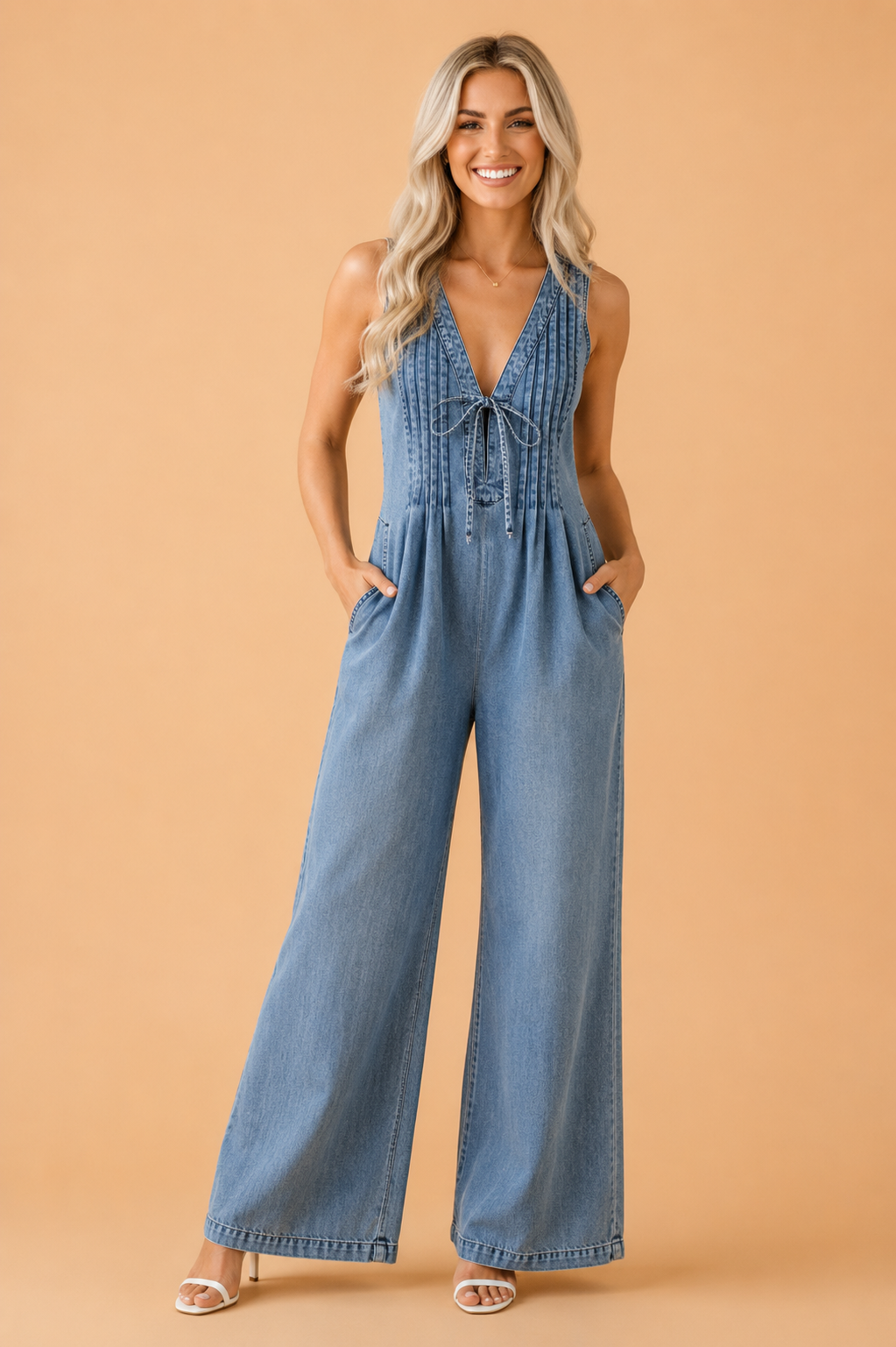 Dusk Blue Acid-Wash Denim Wide-Leg Jumpsuit