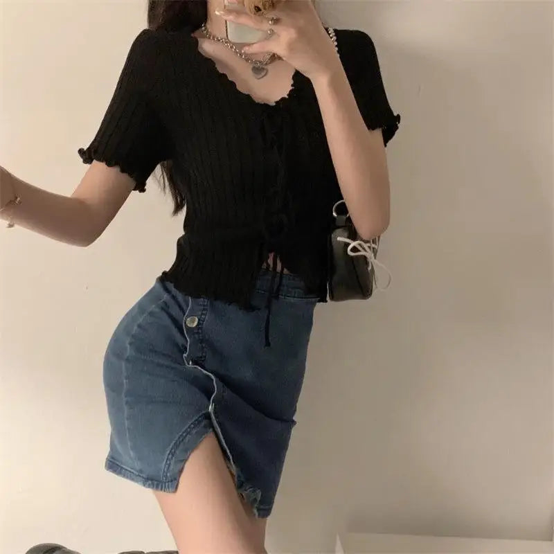 Ribbed V-Neck Short-Sleeve Crop Top