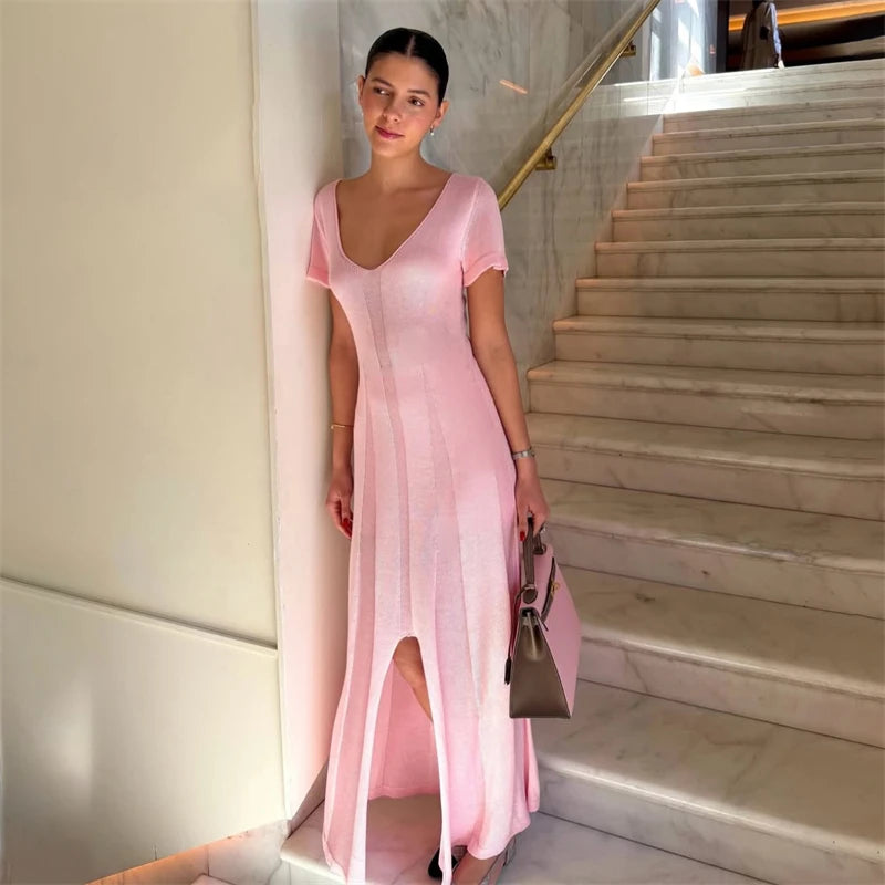 Ribbed V-Neck Slit Maxi Dress