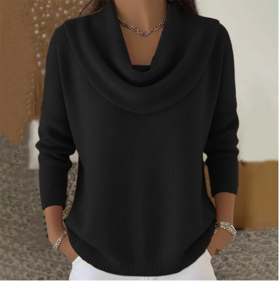 Draped-Neck Long-Sleeve Knit Sweater