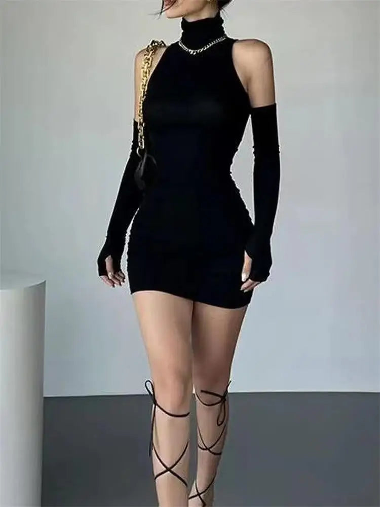 Ruched Turtleneck Rib-Knit Mini Dress