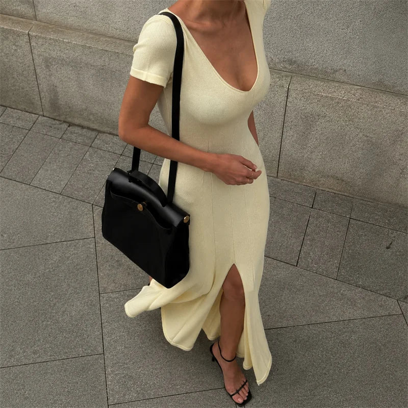 Ribbed V-Neck Slit Maxi Dress