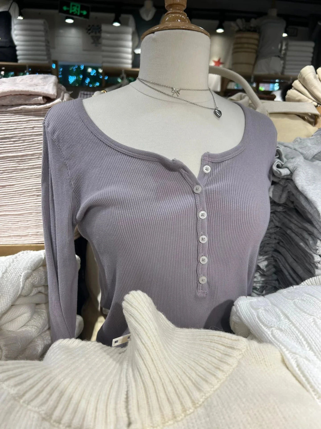 Button-Detail Long-Sleeve Crewneck Top