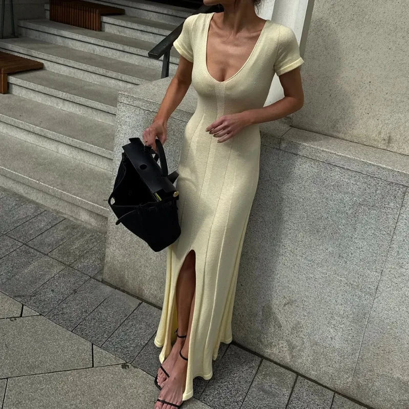 Ribbed V-Neck Slit Maxi Dress