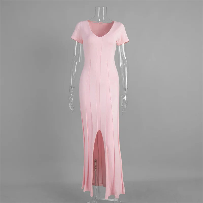 Ribbed V-Neck Slit Maxi Dress