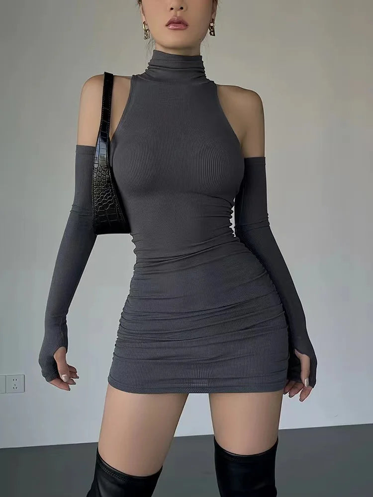 Ruched Turtleneck Rib-Knit Mini Dress