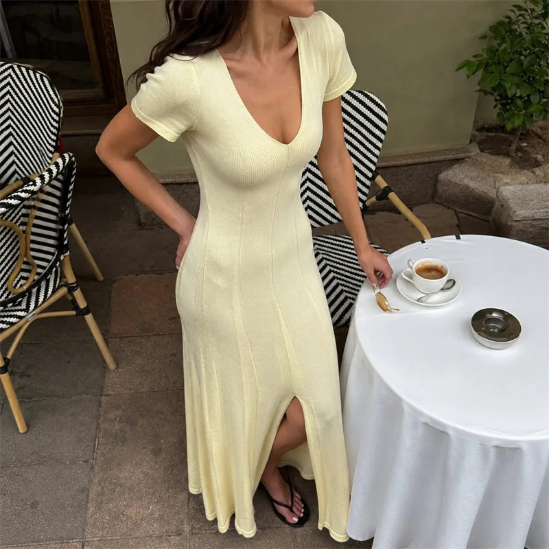 Ribbed V-Neck Slit Maxi Dress