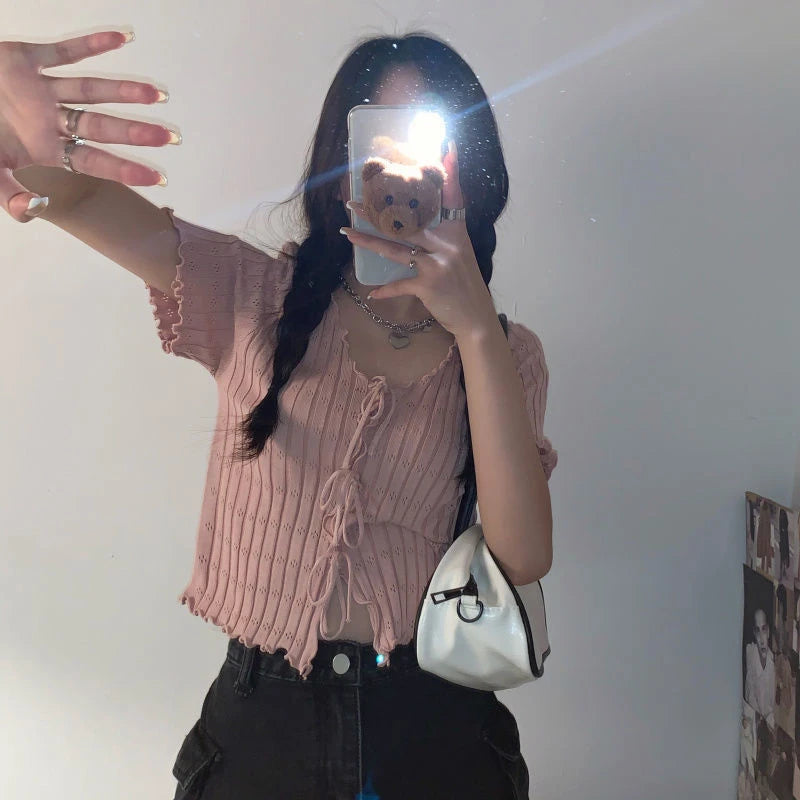 Ribbed V-Neck Short-Sleeve Crop Top