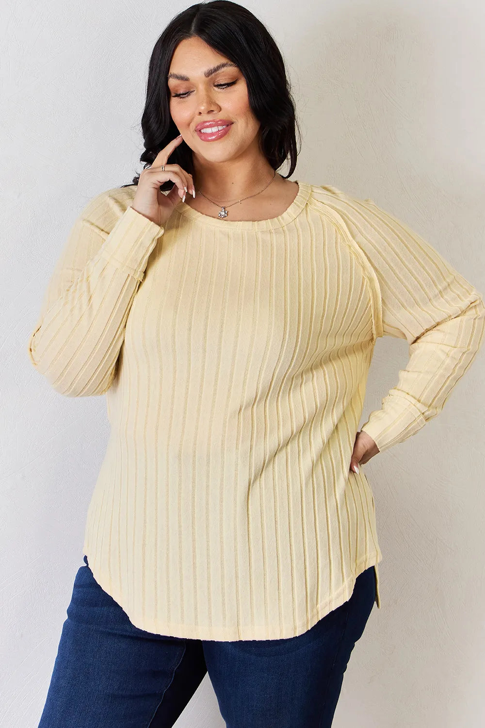 Basic Bae Full Size Ribbed Round Neck Slit T-Shirt - Draped in Grace