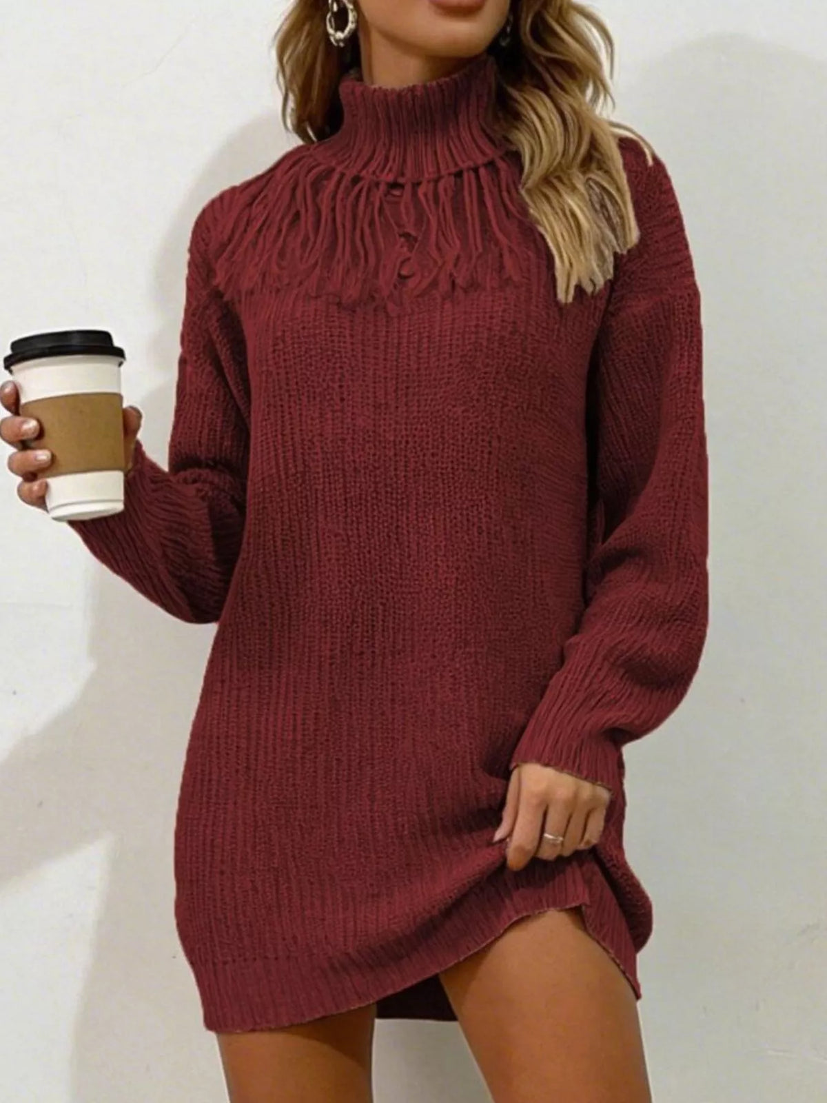 Full Size Turtleneck Fringe Detail Sweater Dress Plus Size - Draped in Grace