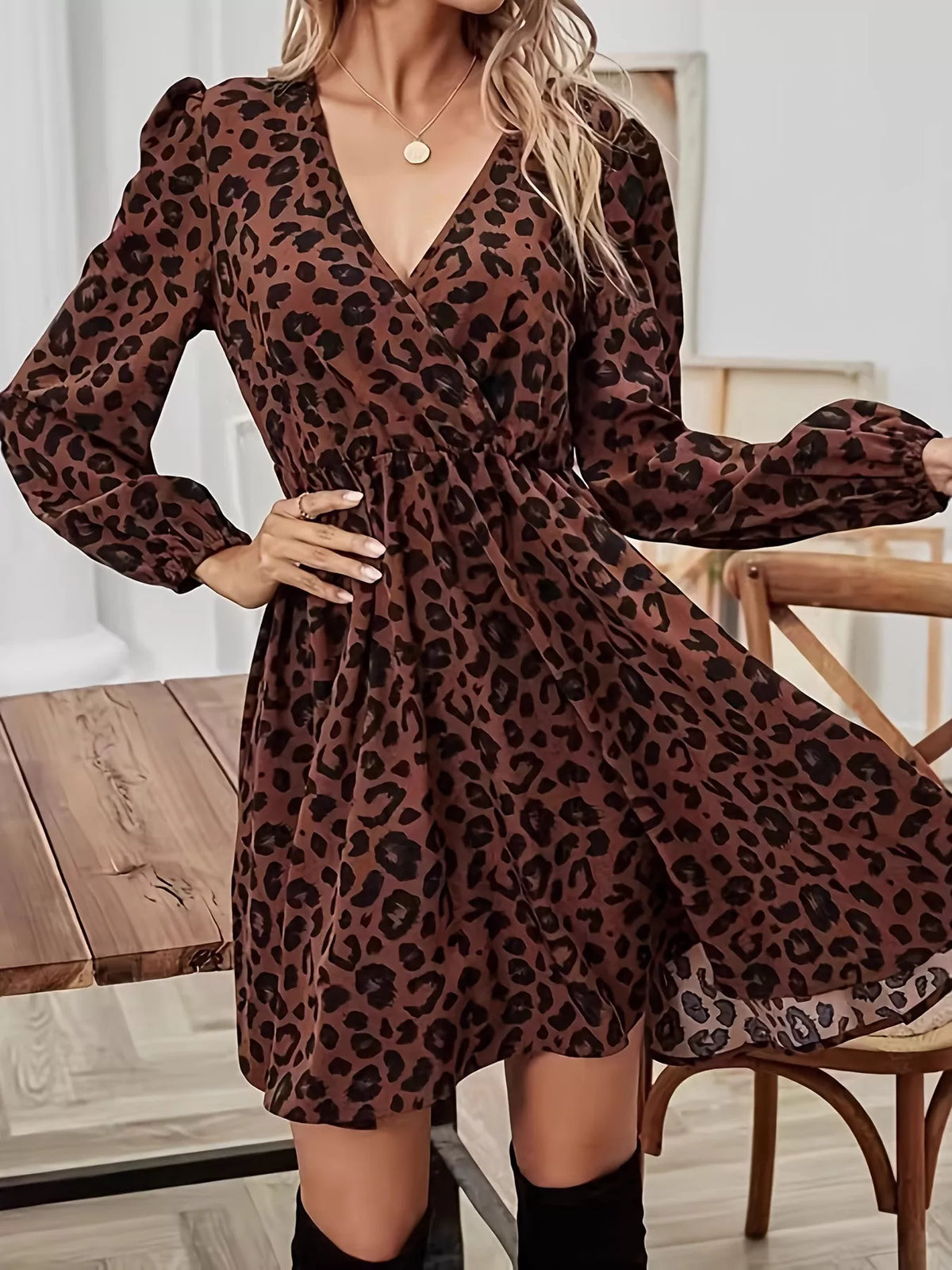 Leopard Print V-Neck Long Sleeve Mini Dress - Draped in Grace