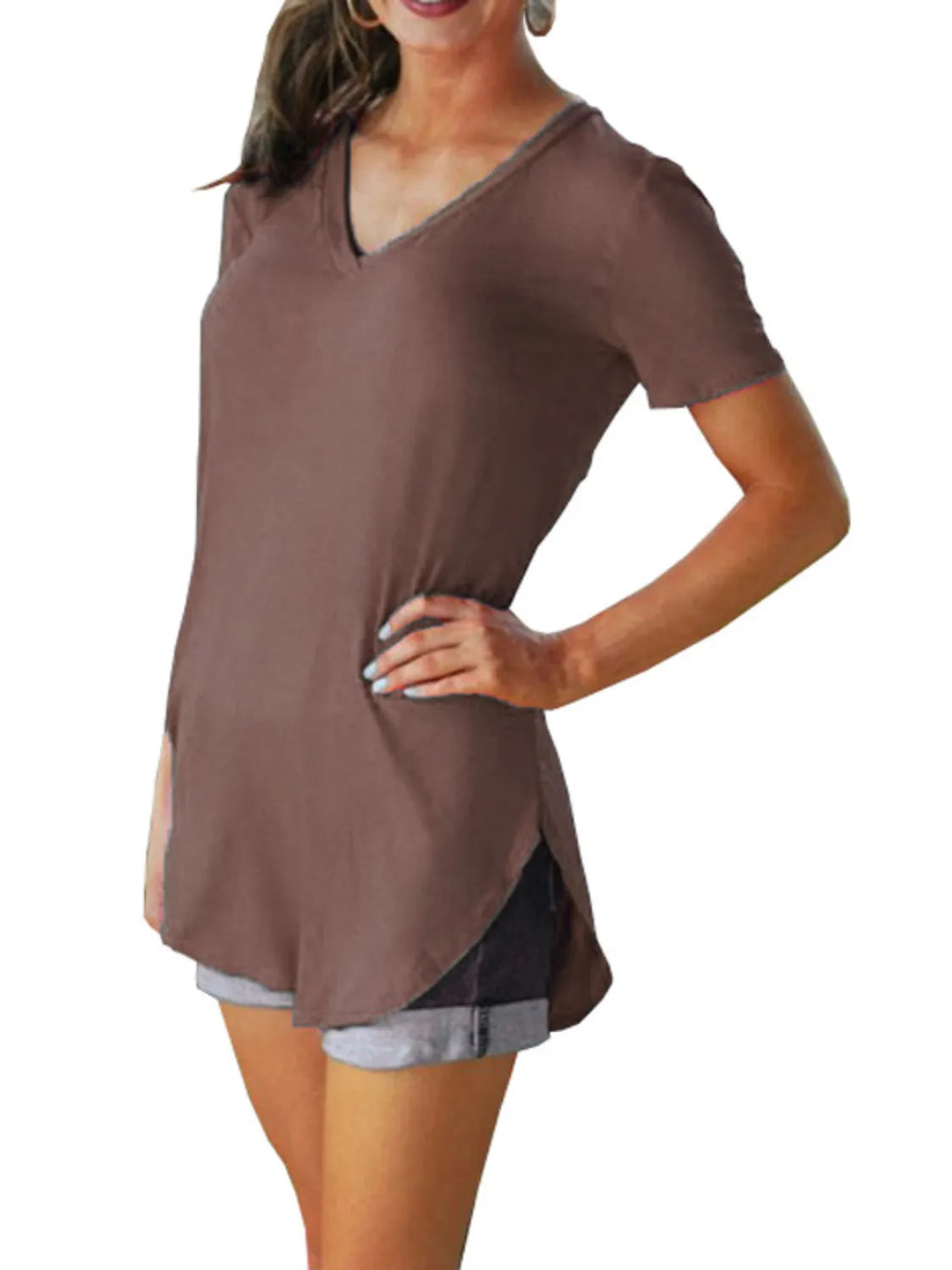 Full Size Solid V-Neck Short Sleeve T-Shirt Plus Size - Draped in Grace