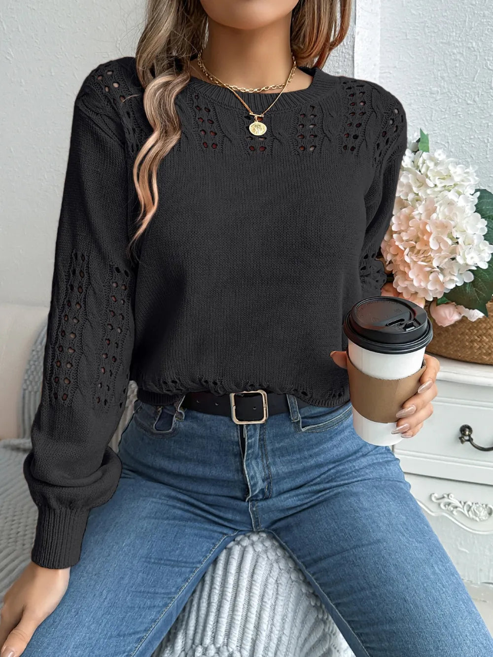 Openwork Round Neck Long Sleeve Sweater - Draped in Grace