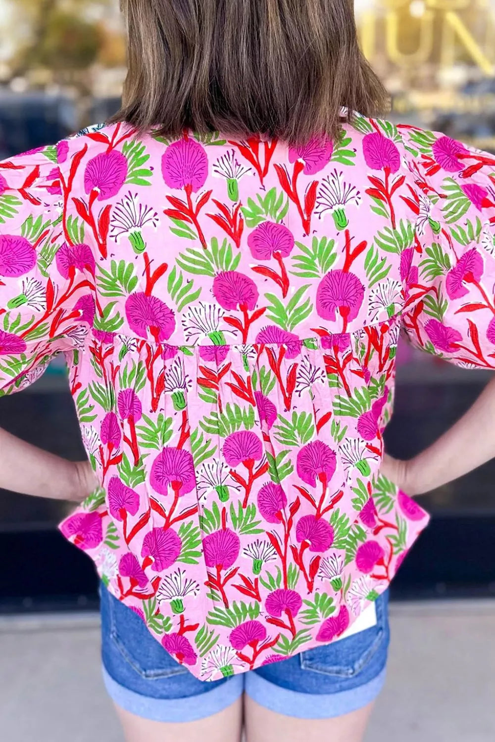 Floral Print Short Sleeve Contrast Patchwork Tassel Tie Blouse - Draped in Grace