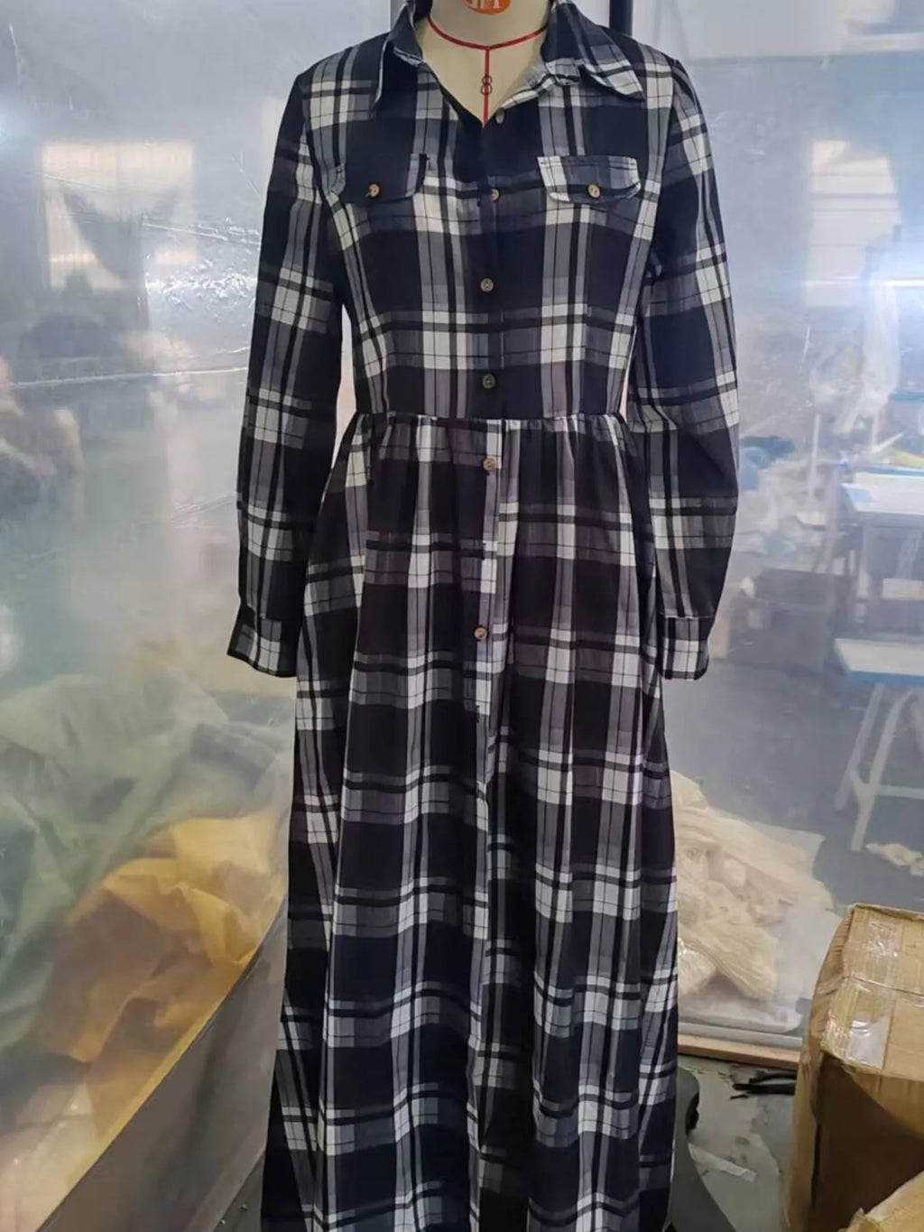 Full Size Plaid Long Sleeve Shirt Maxi Dress Plus Size - Draped in Grace