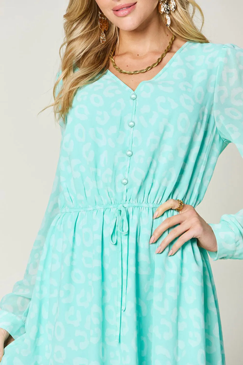 Double Take Full Size Printed Ruched V-Neck Long Sleeve Dress - Draped in Grace
