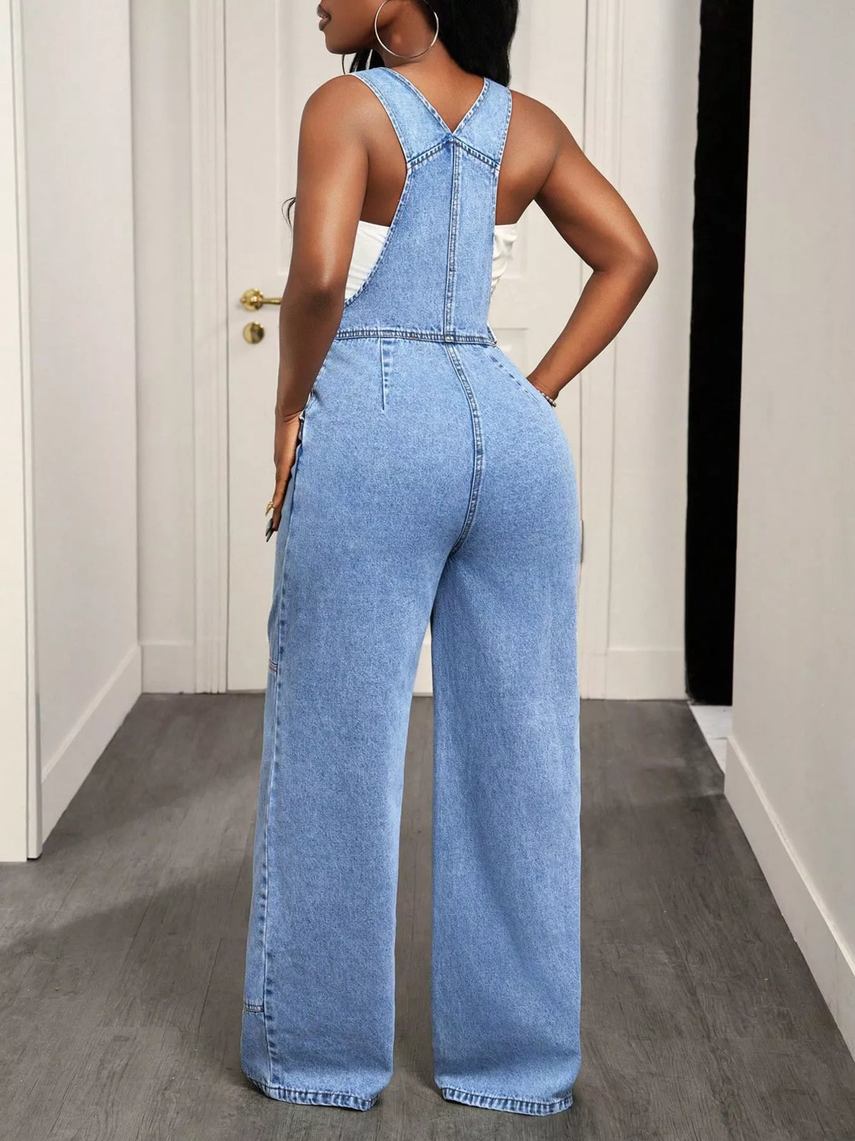 Wide Strap Wide Leg Denim Overalls - Draped in Grace